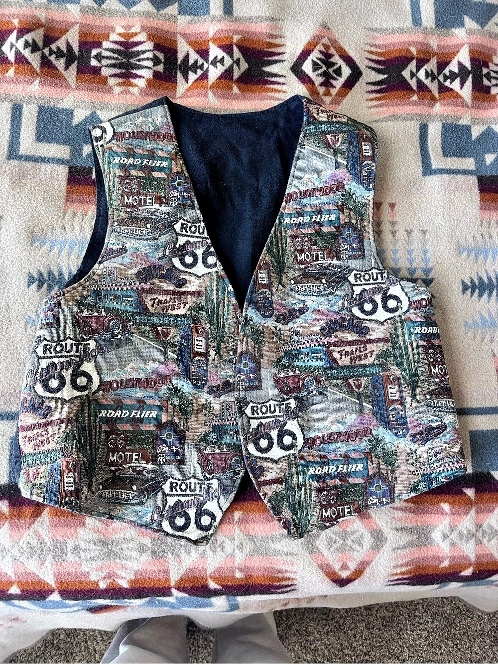 Vintage Route 66 Printed Multicolor & Blue Vest